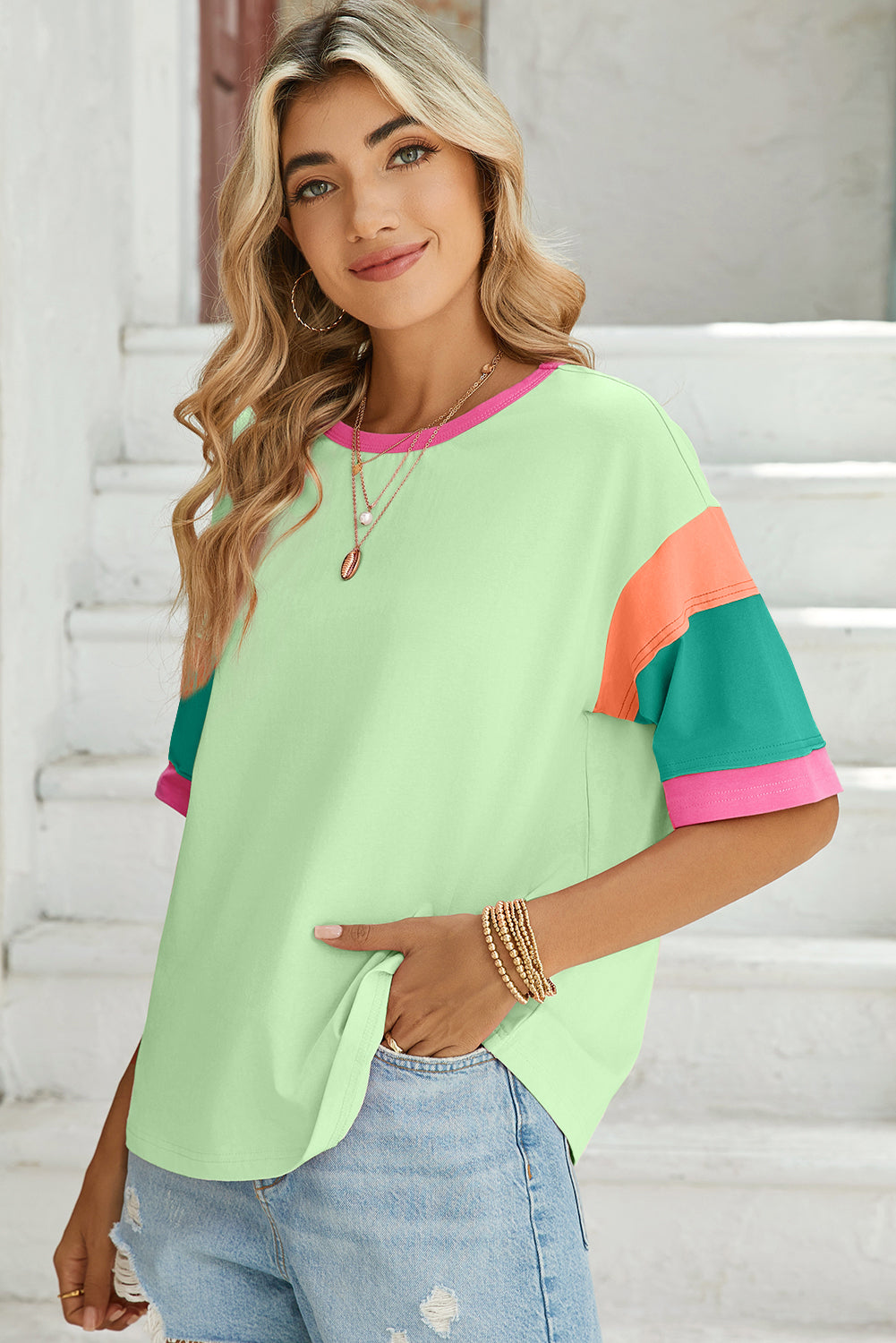 Color Block Sleeve Round Neck Oversize Top