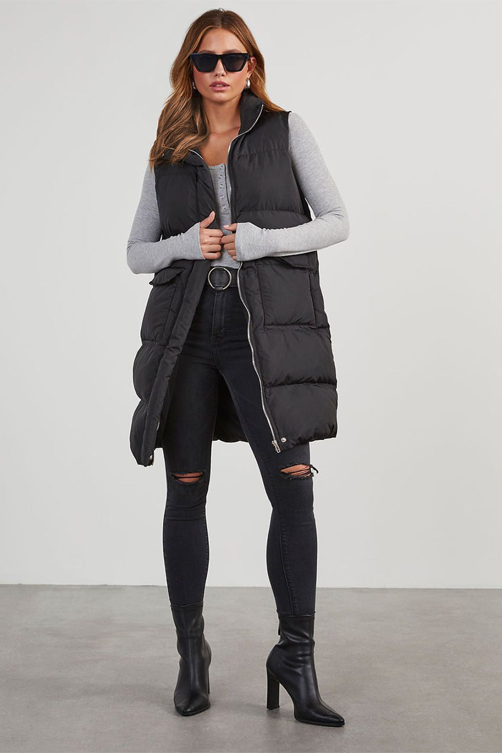 Quilted Pocketed Long Puffer Vest Coat