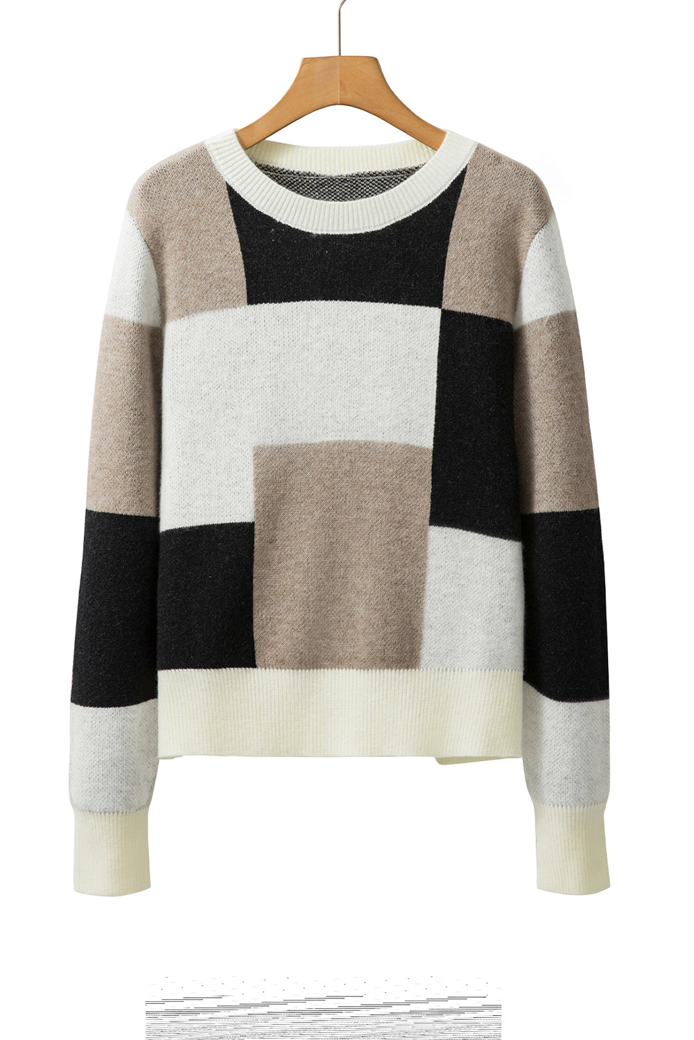 Black Checkered Colourblock Round Neck Knit Sweater