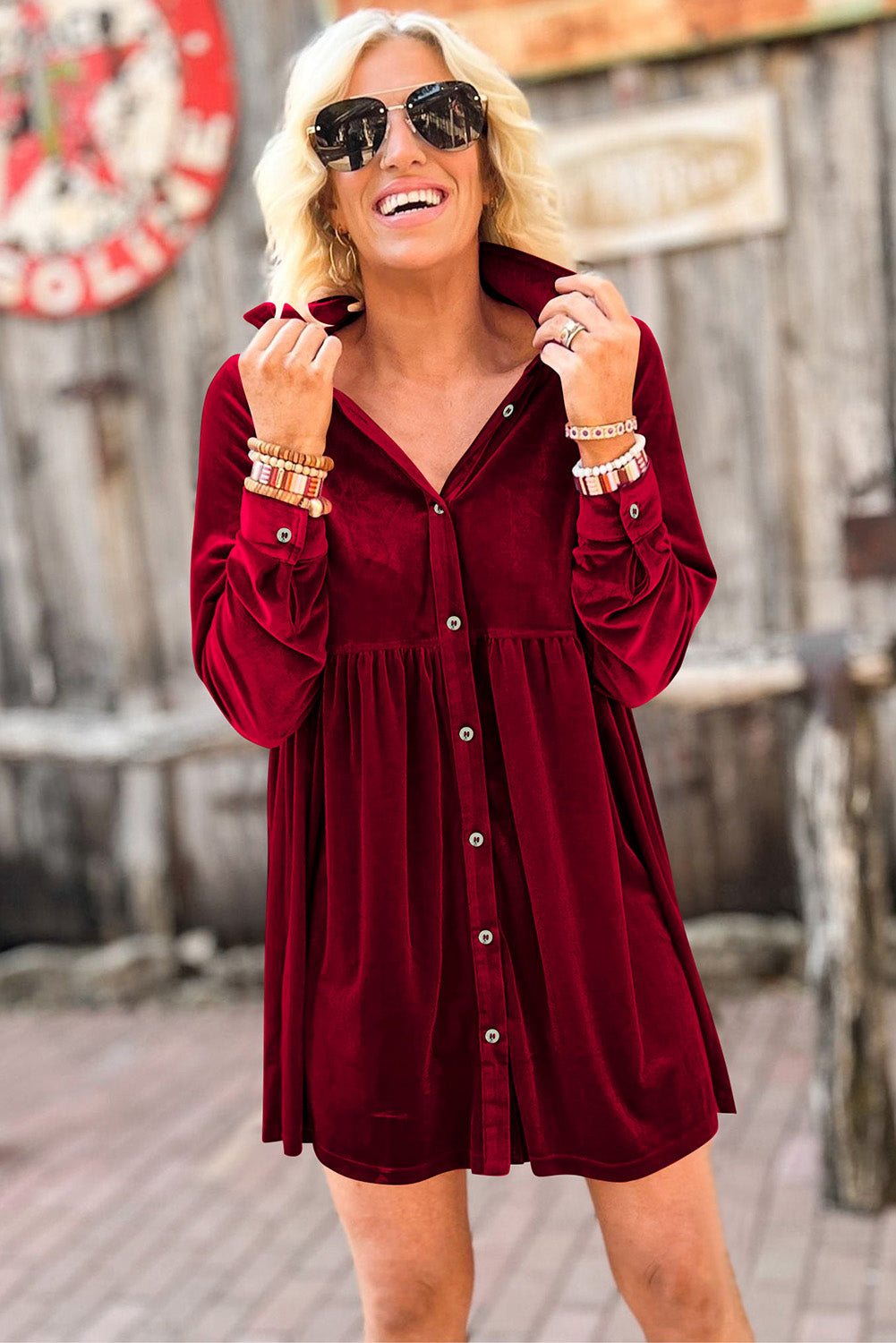 Long Sleeve Ruffle Velvet Button Up Shirt Dress