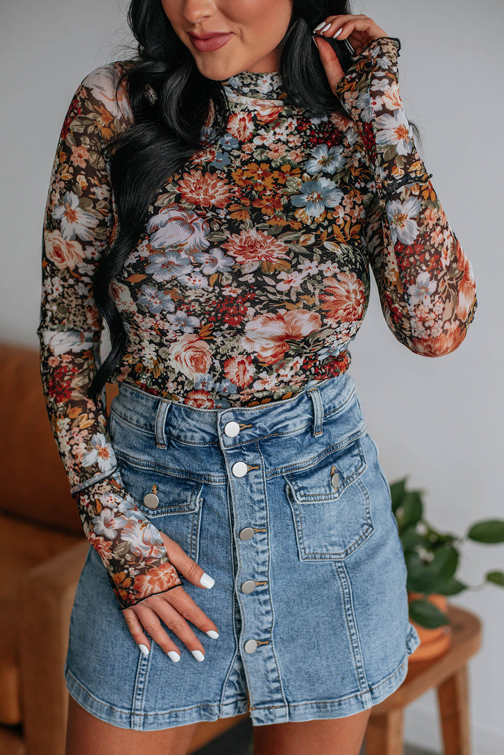 Floral Print Mesh Mock Neck Slim Top