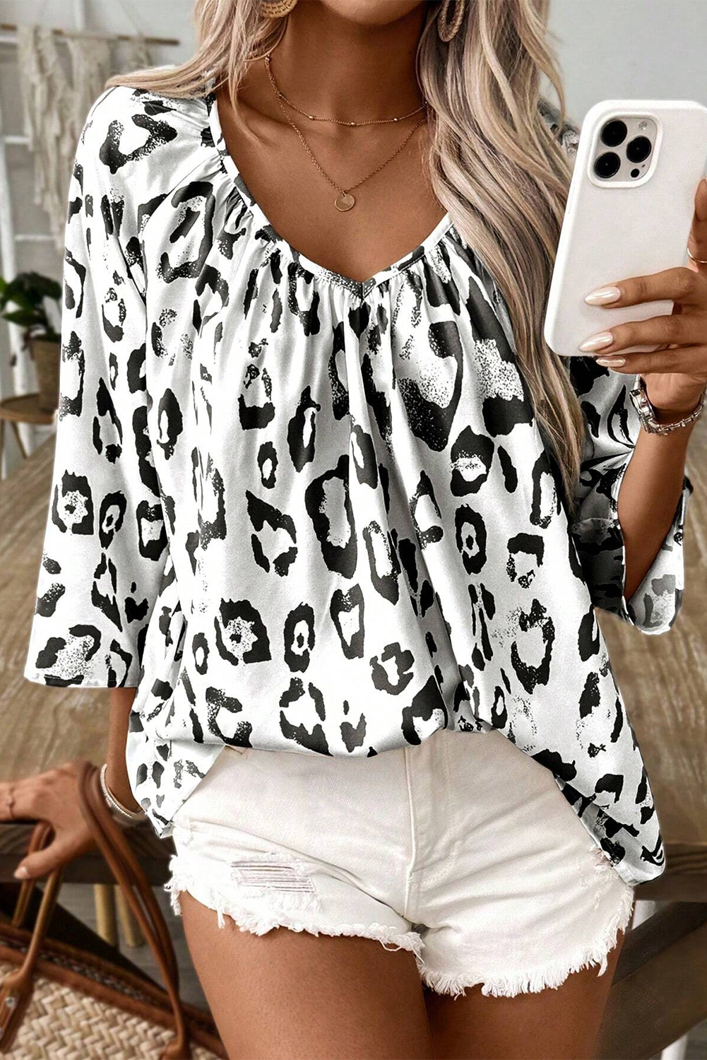 Leopard Print V Neck 3/4 Sleeve Blouse