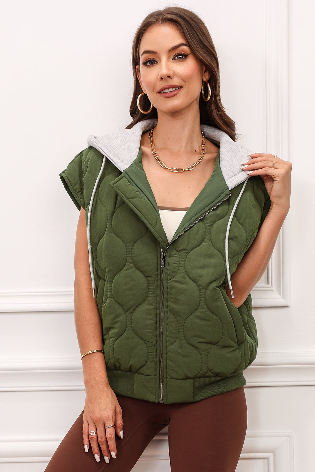 Quilted Drawstring Hooded Zip Up Puffer Vest