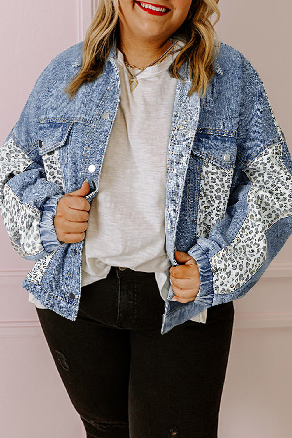 Beau Blue Leopard Patchwork Plus Size Denim Jacket