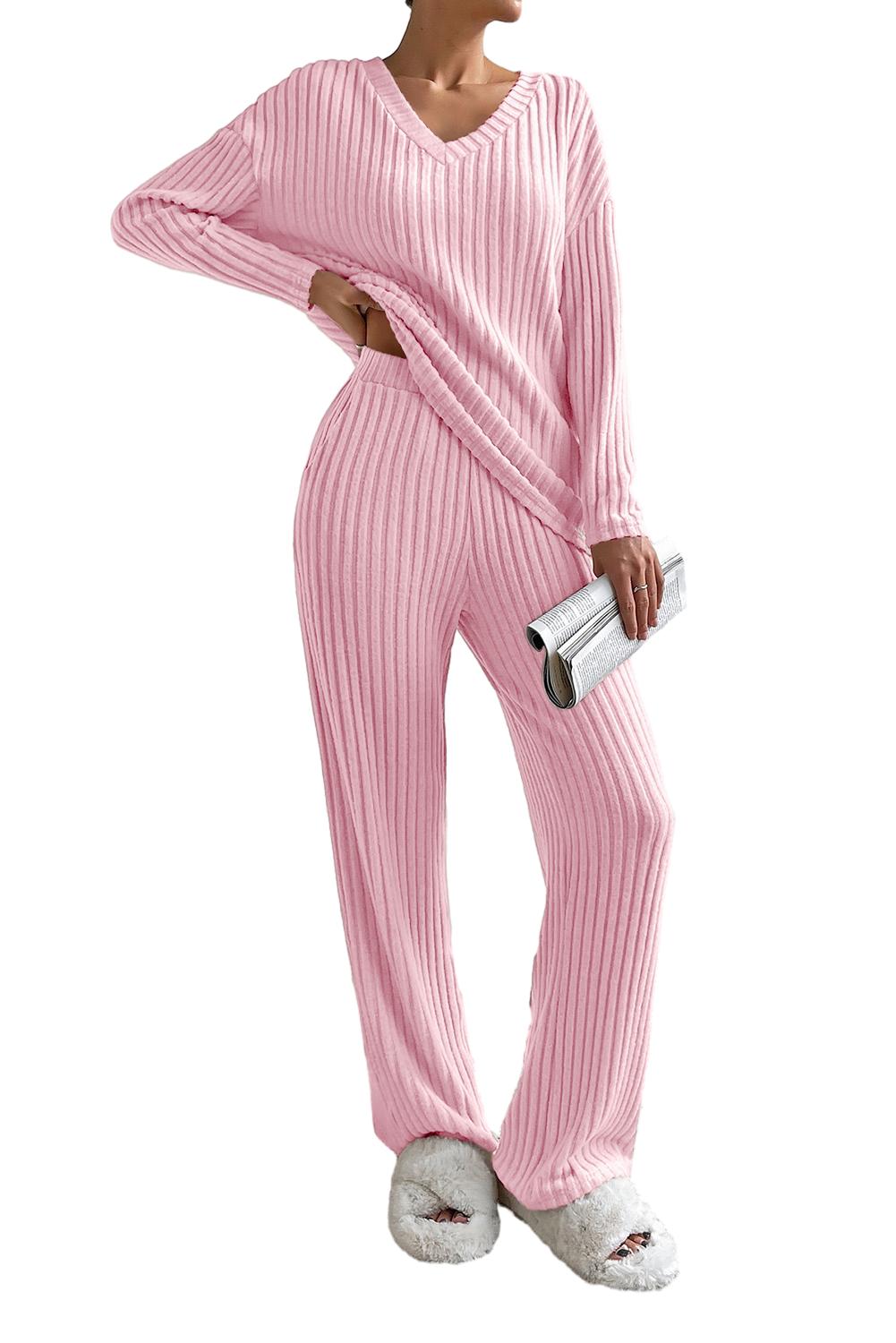 Slouchy Ribbed Knit V Neck Top & Pants Loungewear Set