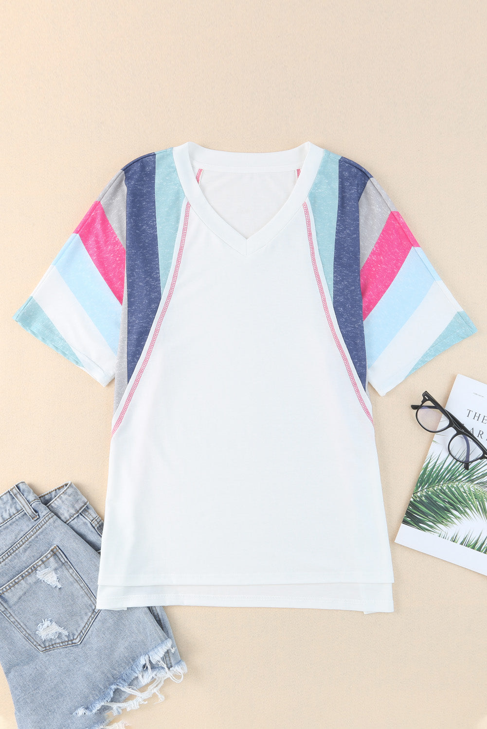 White Stripe Colorblock V Neck T Shirt