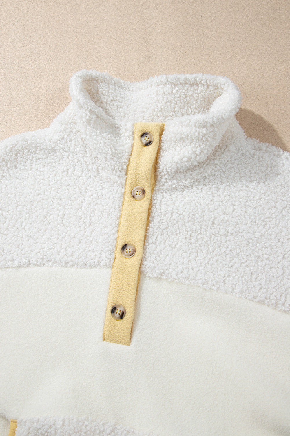 Beige Fleece Colourblock Trim Buttons Collar Sweatshirt with Pocket