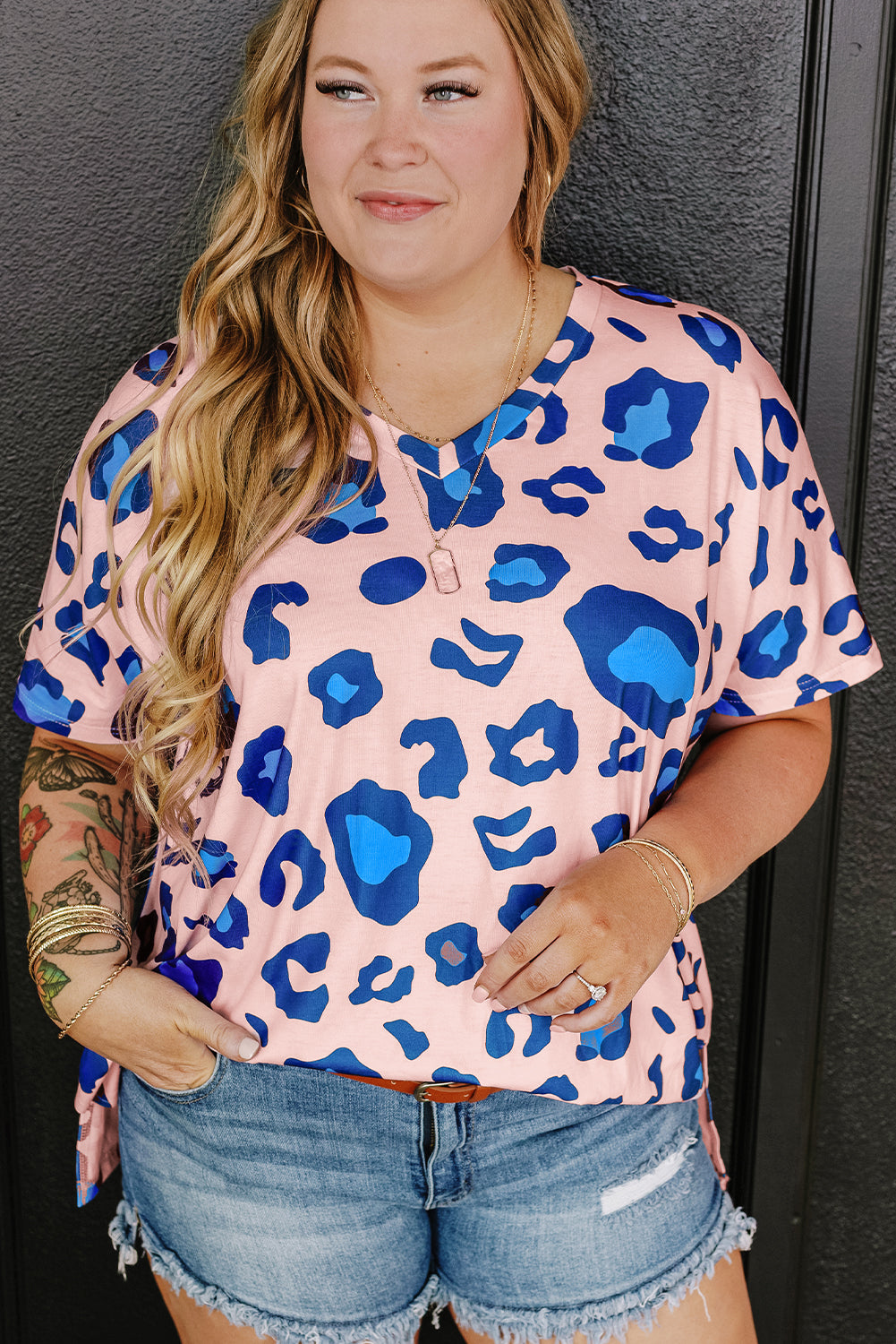 Leopard Print V Neck Plus Size Tee