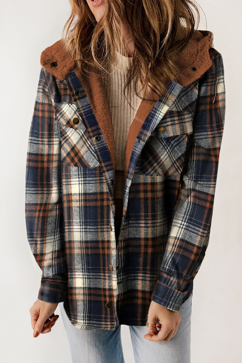 Button Sherpa Lined Hooded Flannel Jacket