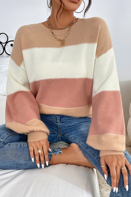 Dusty Pink Colour Block Lantern Sleeve Drop Shoulder Sweater