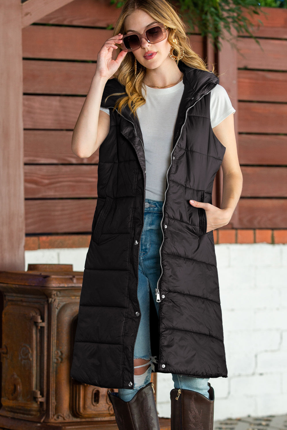 Hooded Pocketed Quilted Long Vest Coat