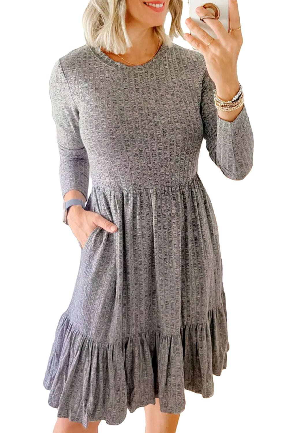 Gray Pocket Ribbed Pleated Ruffle Hem Mini Dress