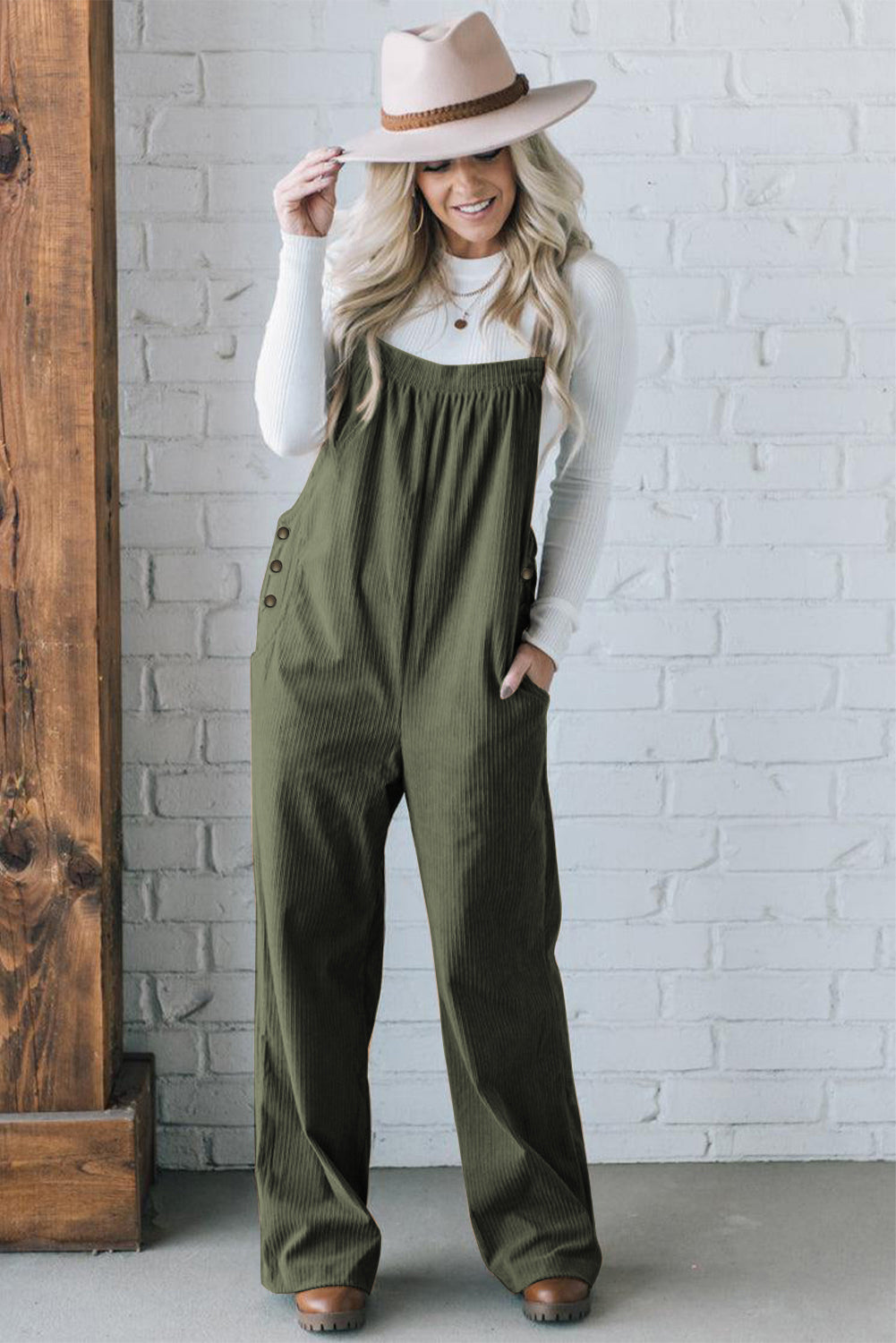 Plain Pocketed Loose Fit Corduroy Overalls