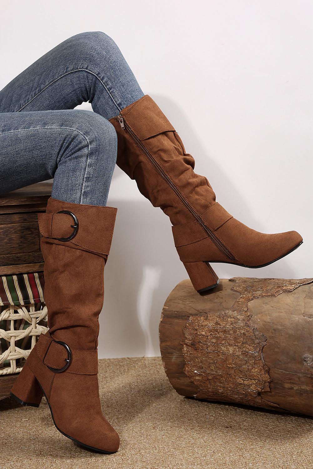 Suede Double Buckled Side Zipper Mid-calf Boots