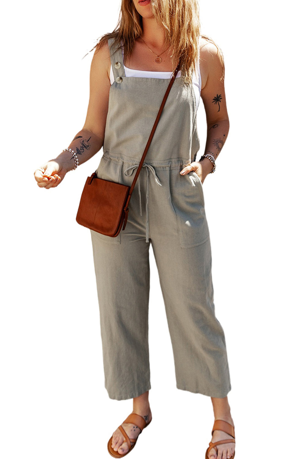 Drawstring Buttoned Straps Cropped Jumpsuit