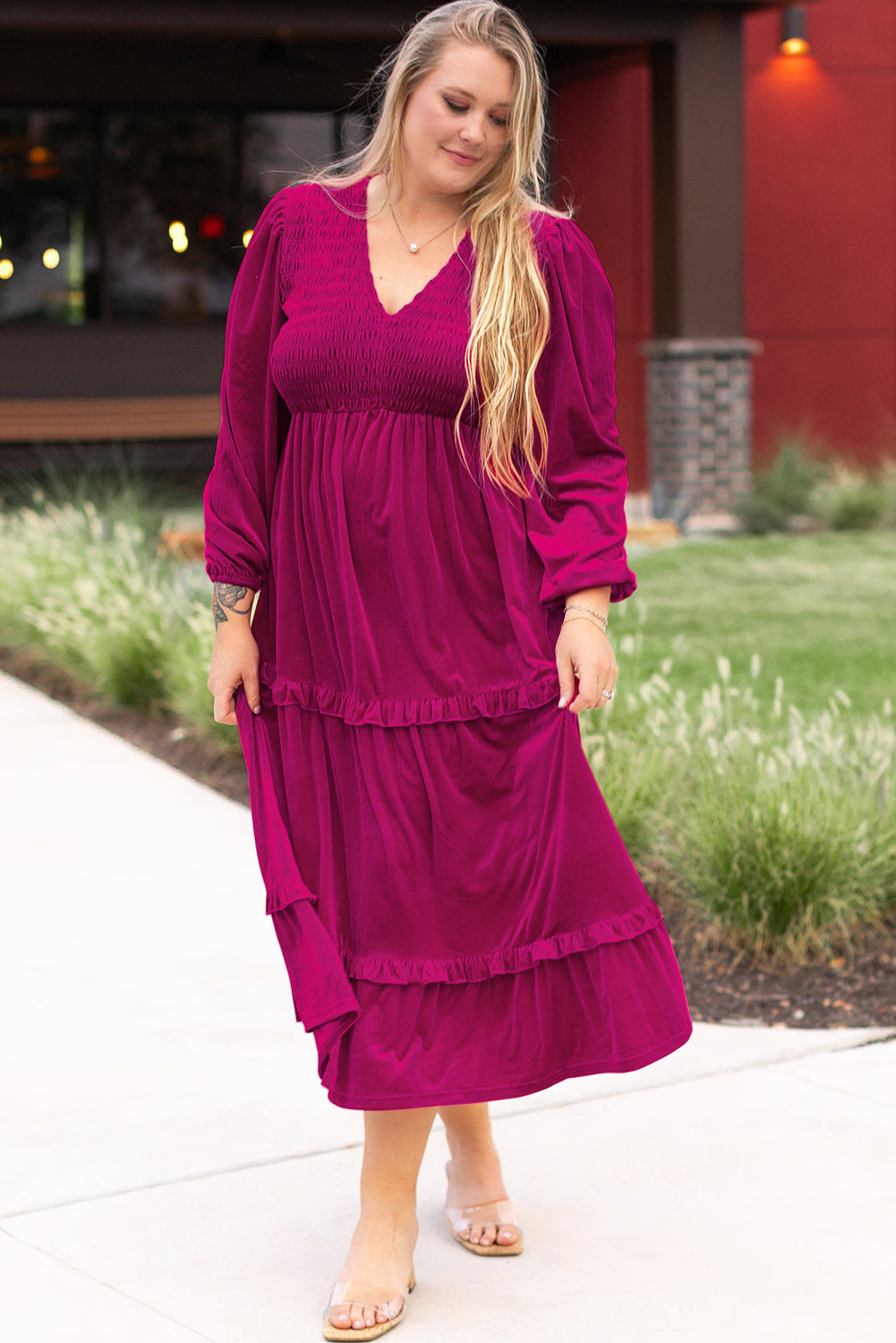 Rose Red Smocked V Neck Tiered Ruffle Velvet Plus Size Maxi Dress