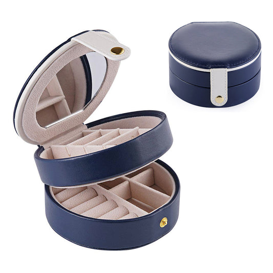 Round Jewellery Boxes Portable PU Leather Case 2 Layers Storage Organizer for Travel, Home