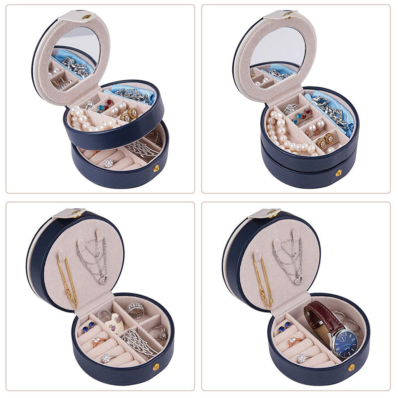 Round Jewellery Boxes Portable PU Leather Case 2 Layers Storage Organizer for Travel, Home