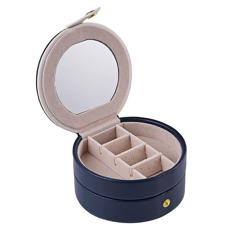 Round Jewellery Boxes Portable PU Leather Case 2 Layers Storage Organizer for Travel, Home