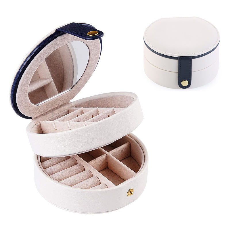 Round Jewellery Boxes Portable PU Leather Case 2 Layers Storage Organizer for Travel, Home