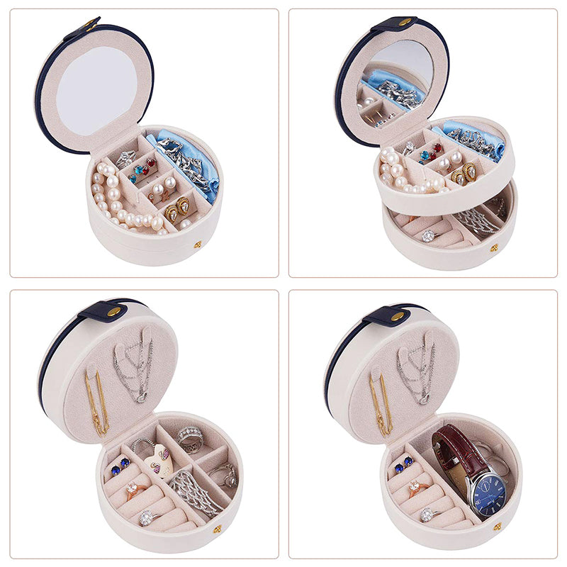 Round Jewellery Boxes Portable PU Leather Case 2 Layers Storage Organizer for Travel, Home