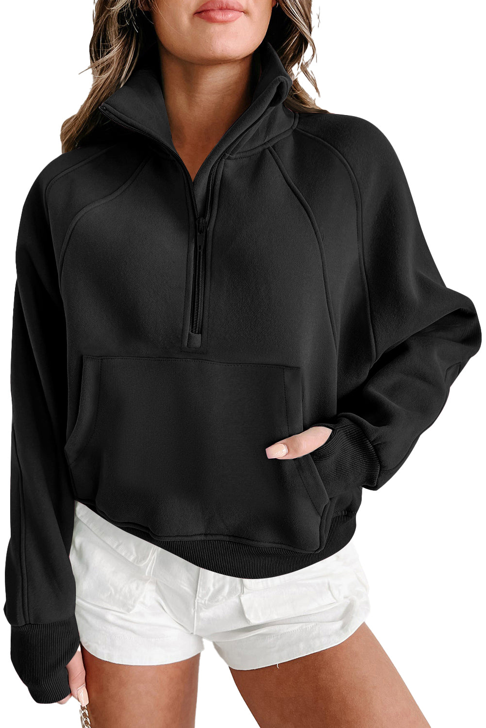 Zip Up Stand Collar Ribbed Thumbhole Sleeve Sweatshirt - 12 Colours Available