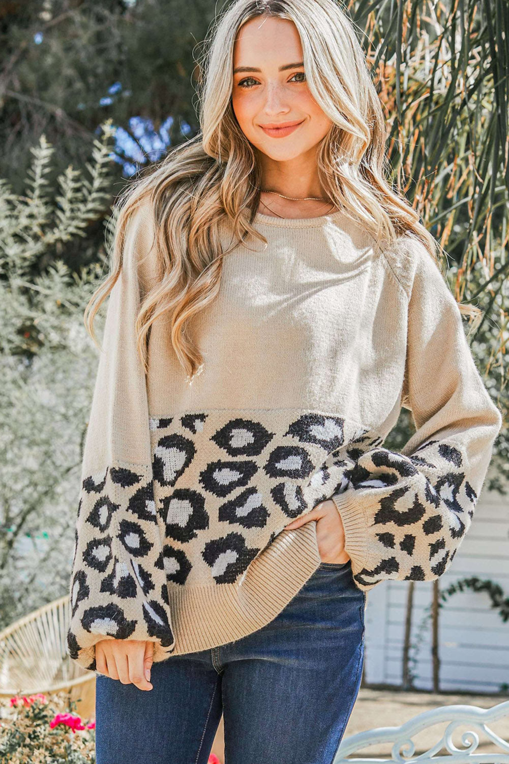 Khaki and Animal Print Color Block Raglan Sleeve Knit Pullover Sweater