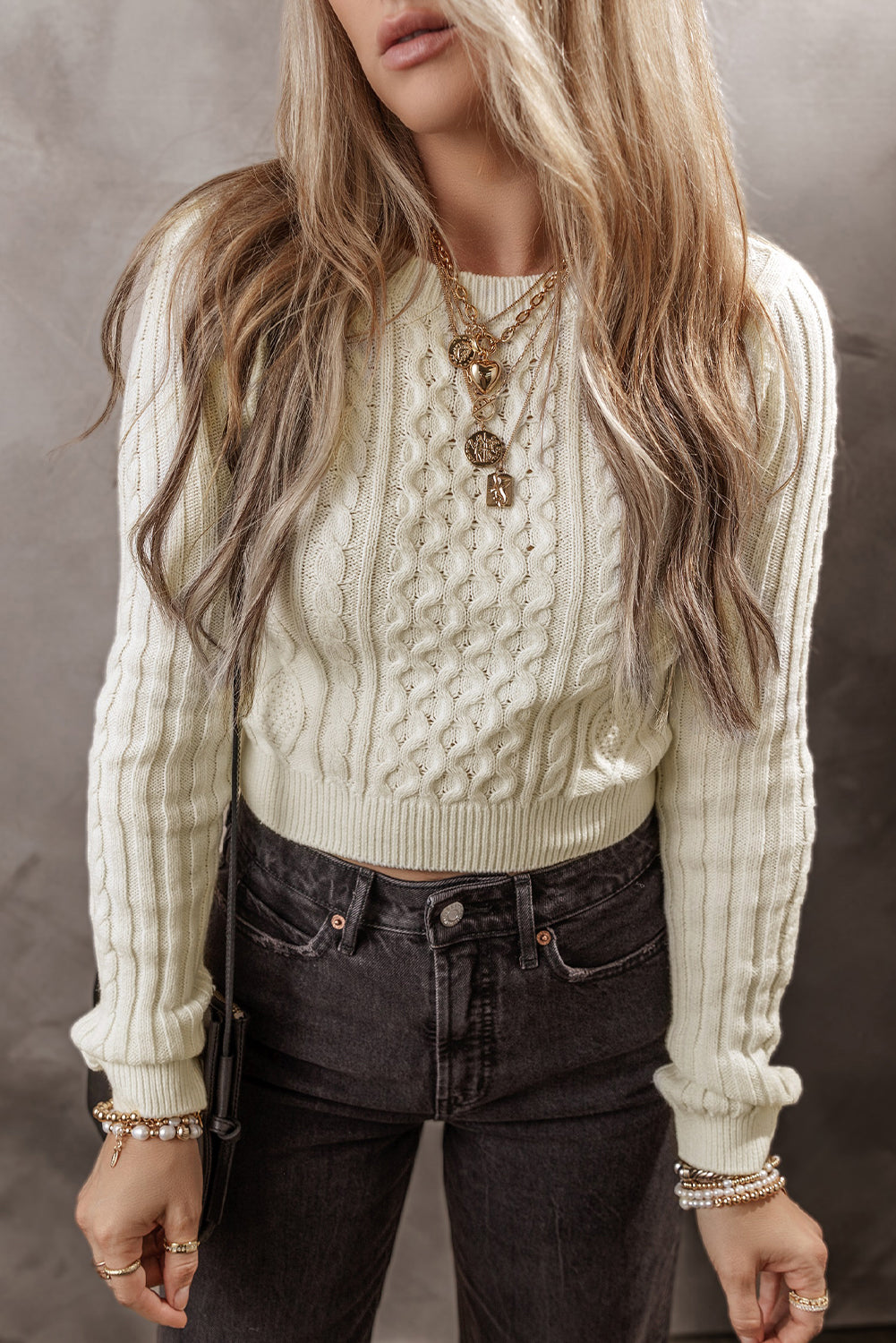 White Solid Colour Cable Knit Cropped Sweater