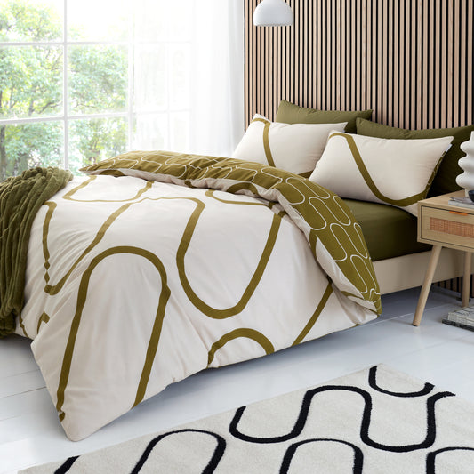 Linear Curve Geometric Reversible Duvet Cover Set in Olive Green by Catherine Lansfield