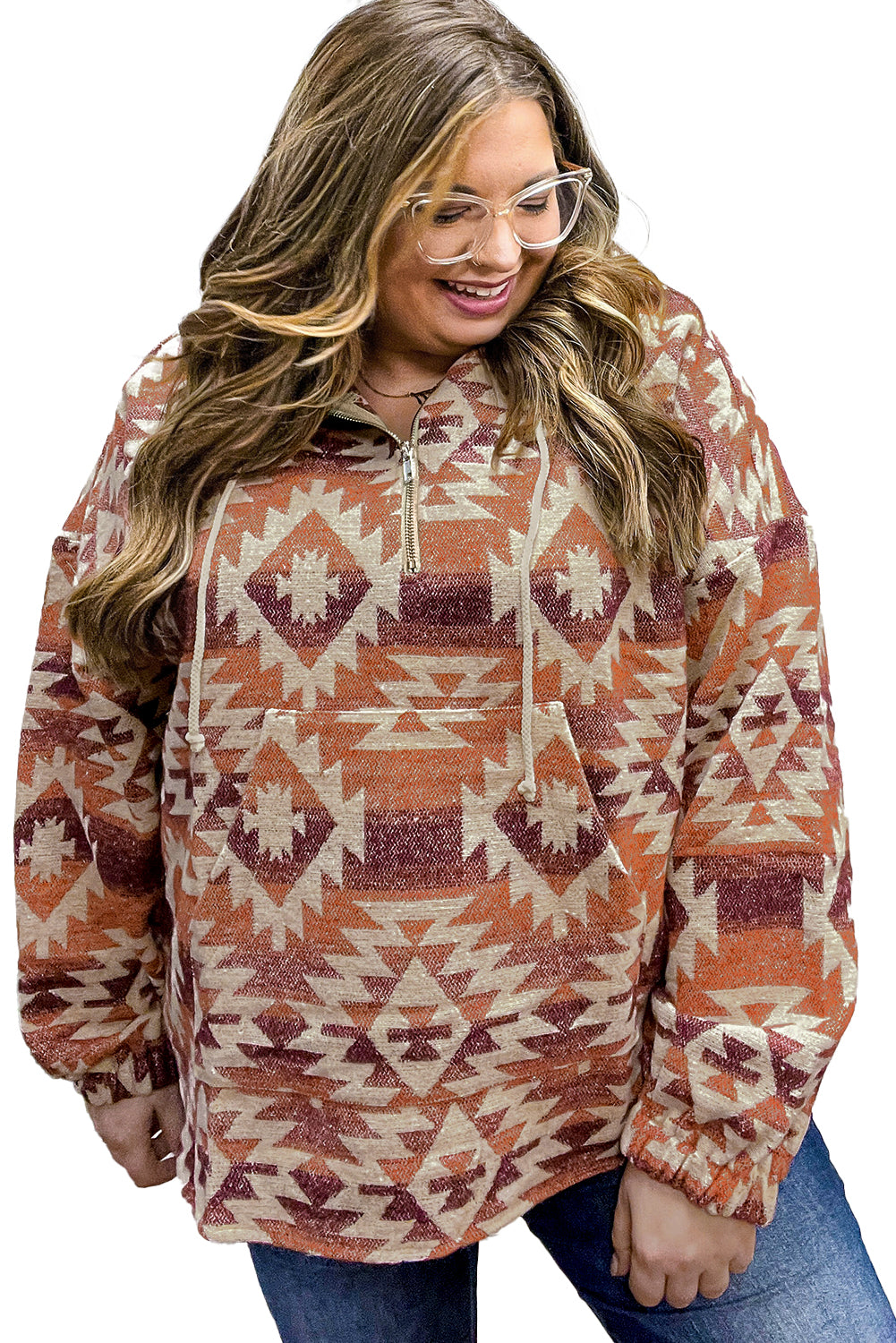 Red Plus Size Geometric Half Zip High Neck Hoodie