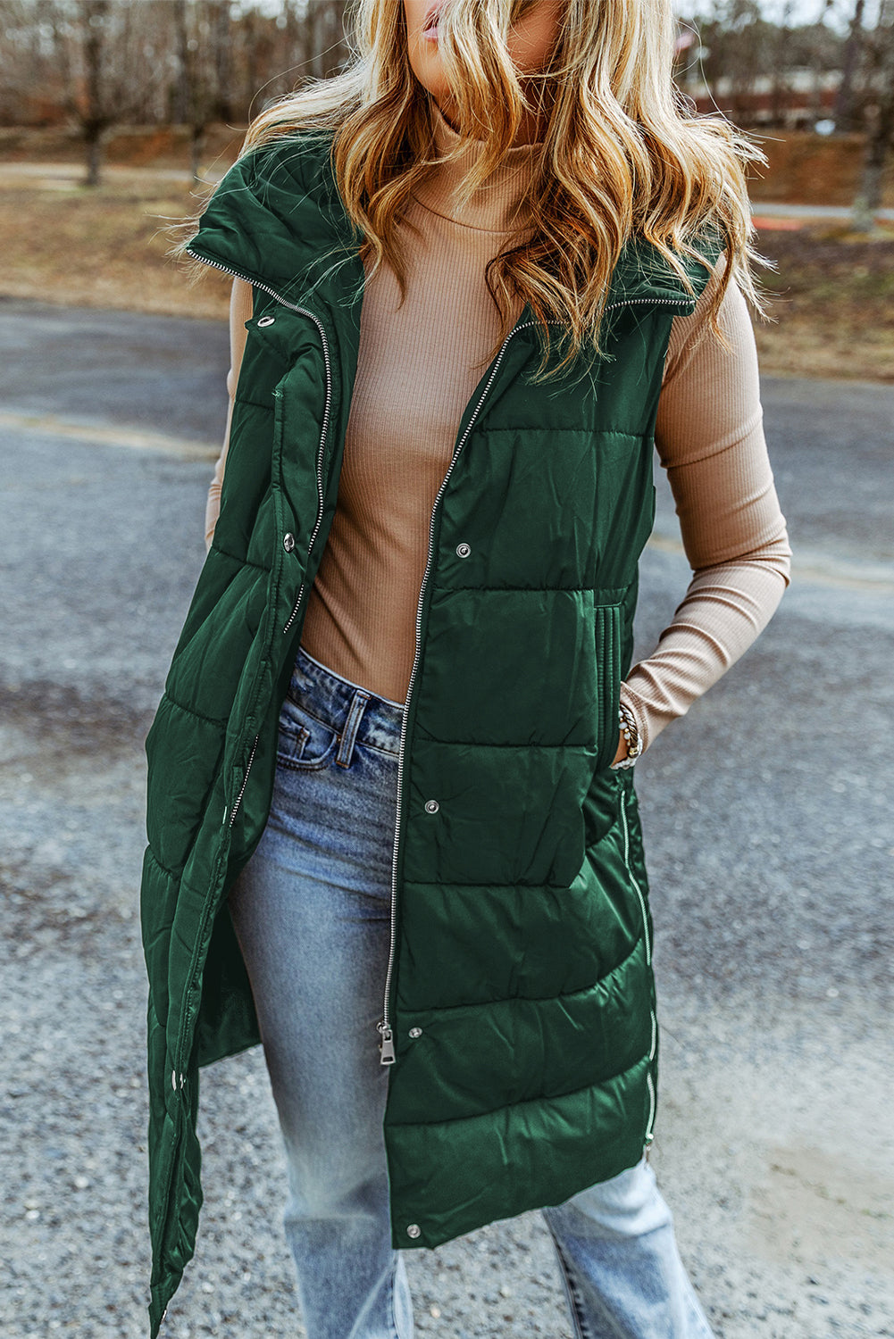 Hooded Pocketed Quilted Long Vest Coat