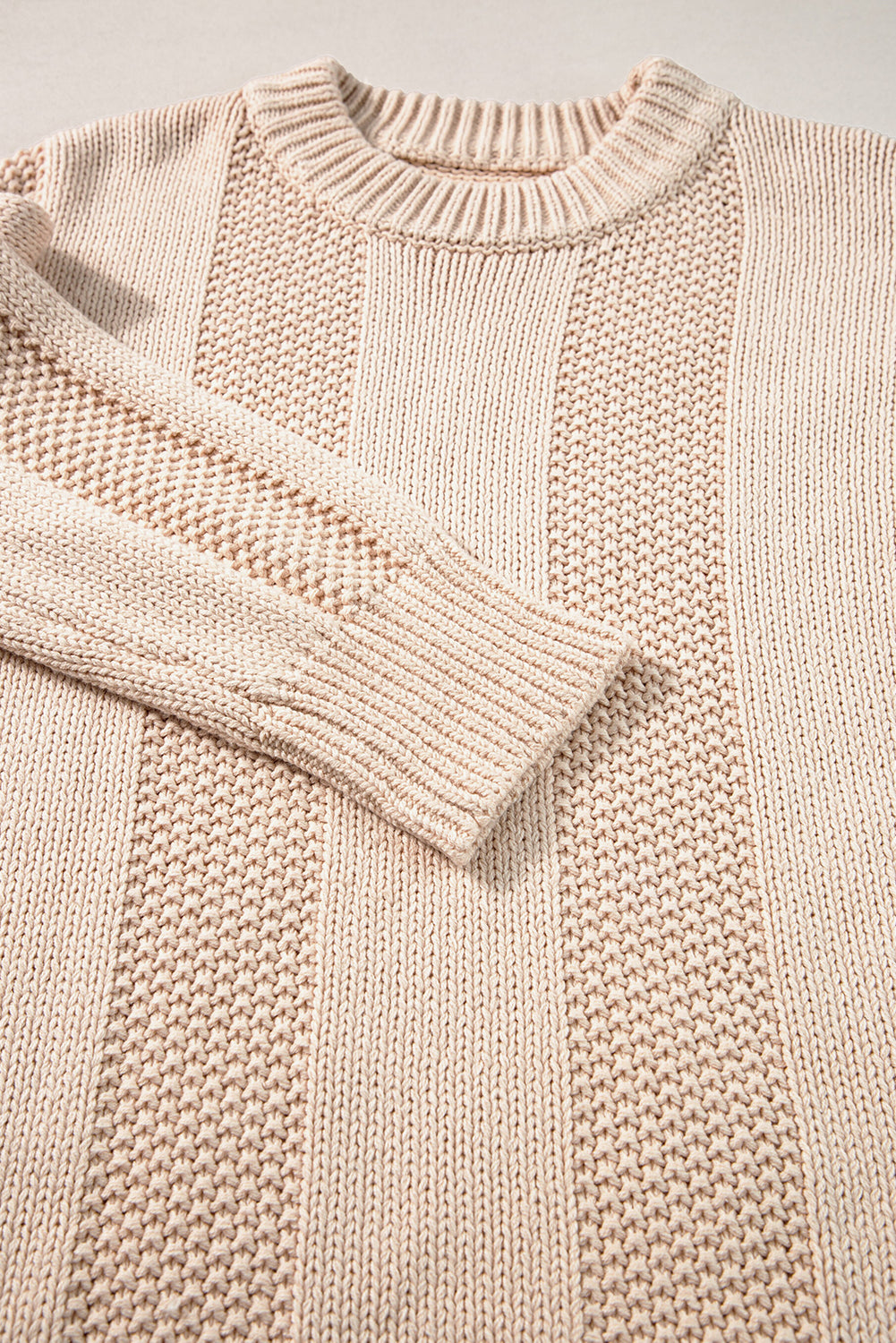 Pale Khaki Solid Color Ribbed Knit Round Neck Sweater