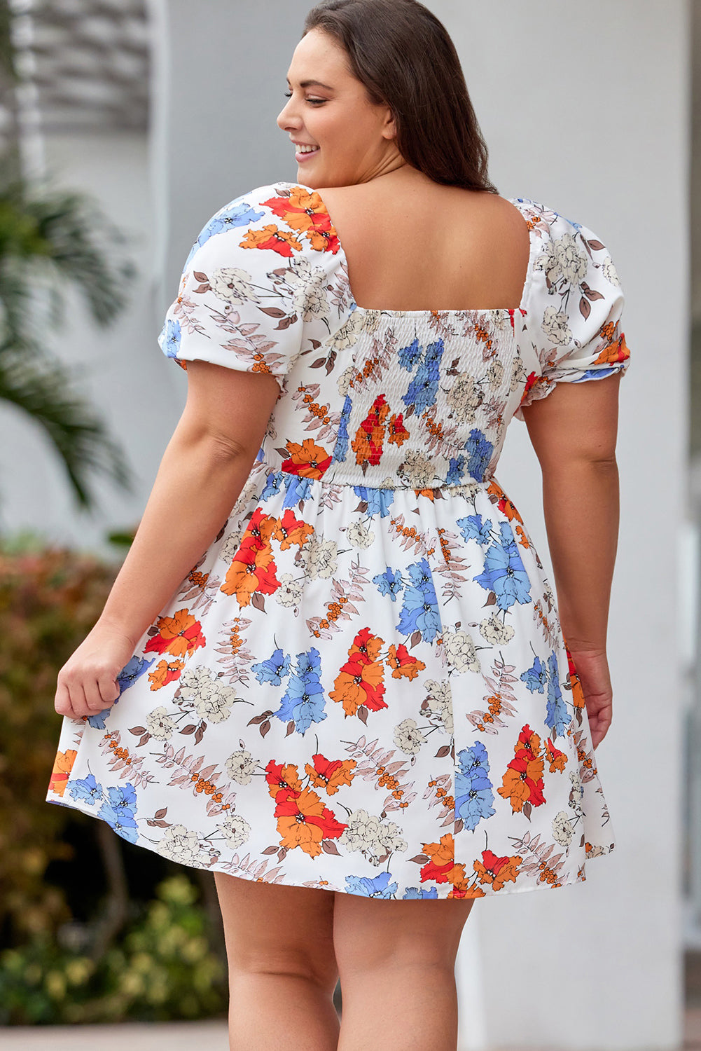 White Floral Smocked Flared Plus Size Dress