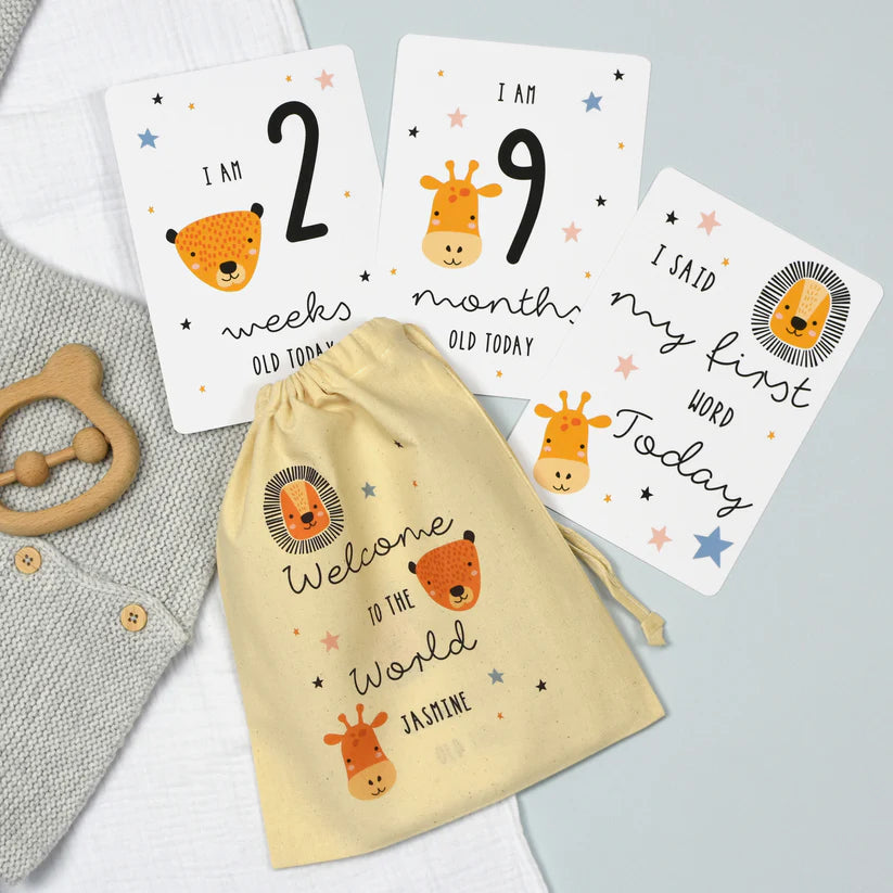 Personalised Scandi Safari Animals Milestone Cards in Drawstring Bag