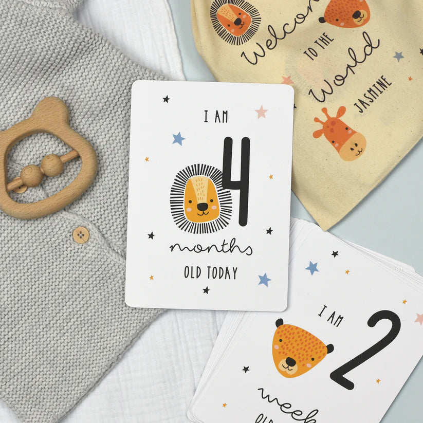 Personalised Scandi Safari Animals Milestone Cards in Drawstring Bag