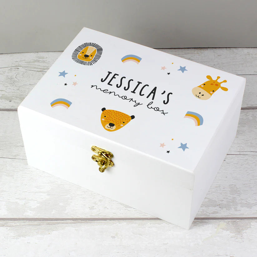 Personalised Safari Animals White Wooden Keepsake Box