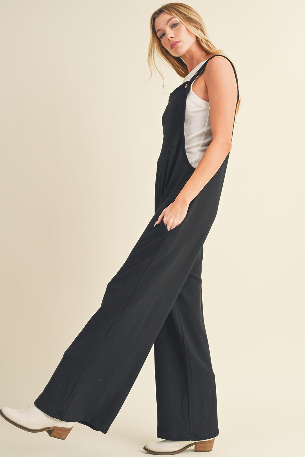 Buttoned Straps Ruched Wide Leg Jumpsuit