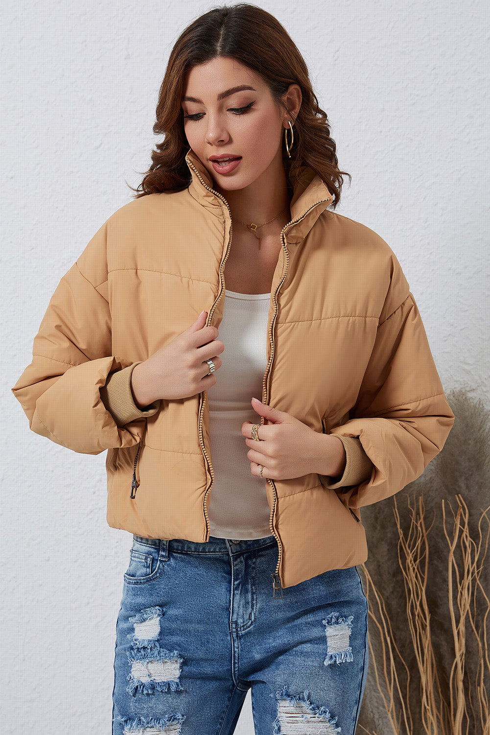 Solid Zip Up Pocketed Puffer Coat