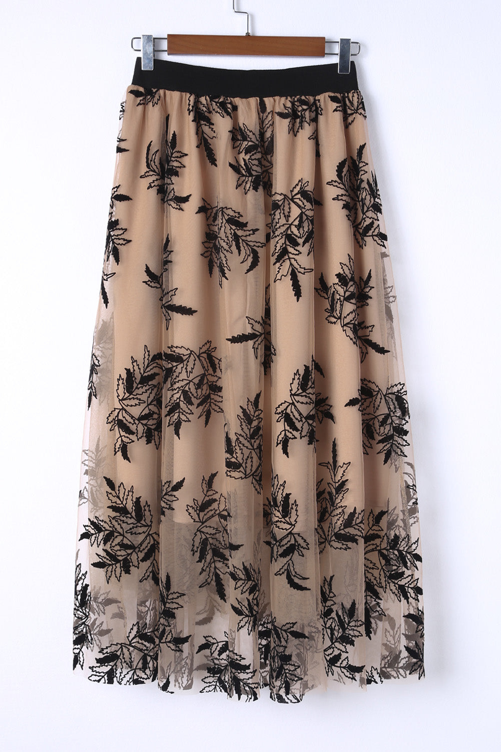 Peach Blossom Floral Leaves Embroidered High Waist Maxi Skirt