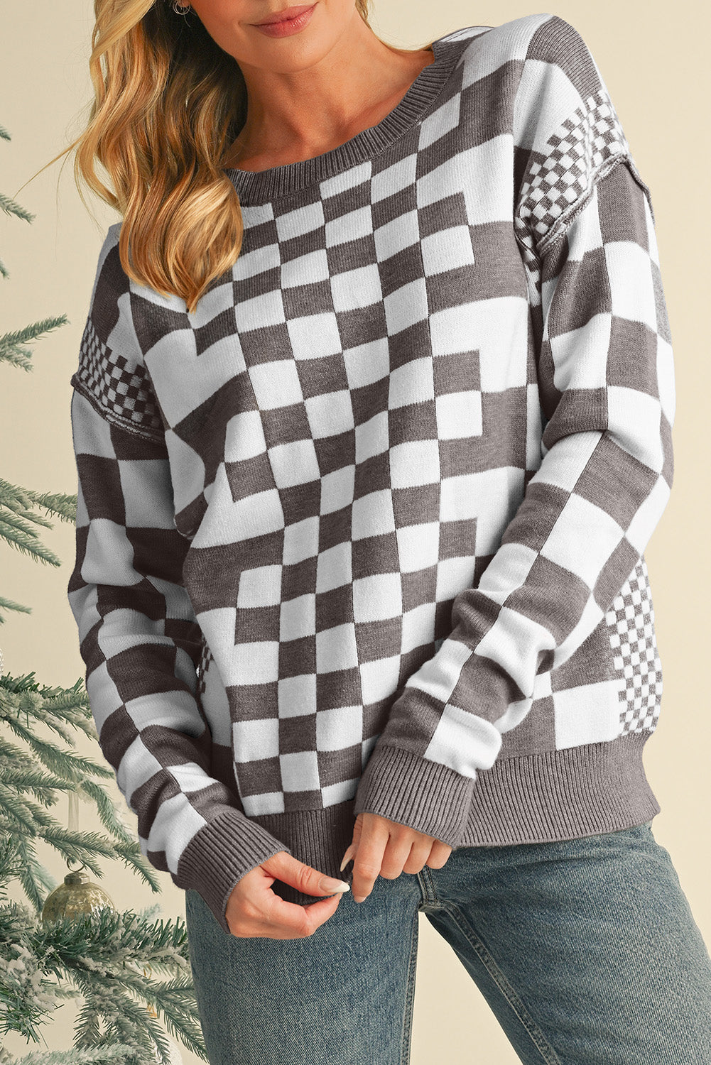 Checkered Drop Shoulder Round Neck Sweater