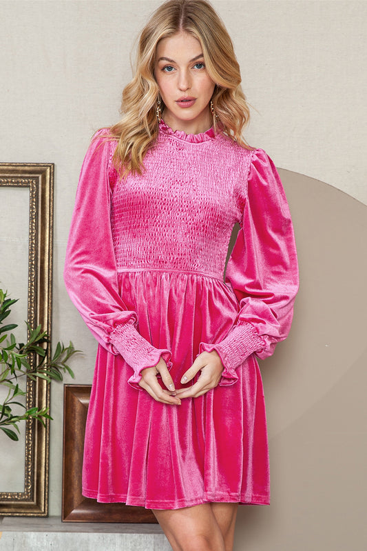 Smocked Lantern Sleeve Frilled Velvet Dress