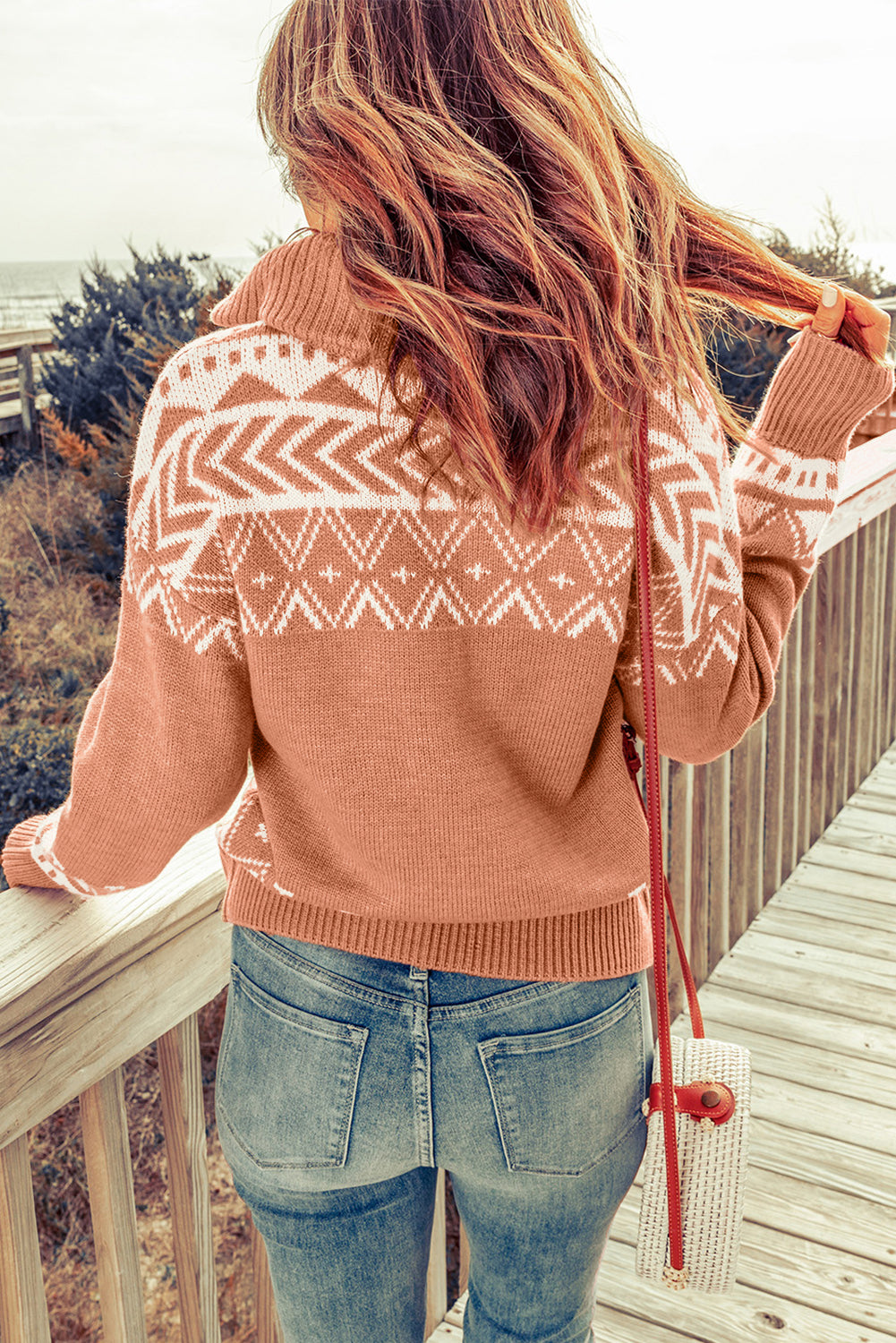 Pink Casual Geometric Knit Quarter Zip Sweater