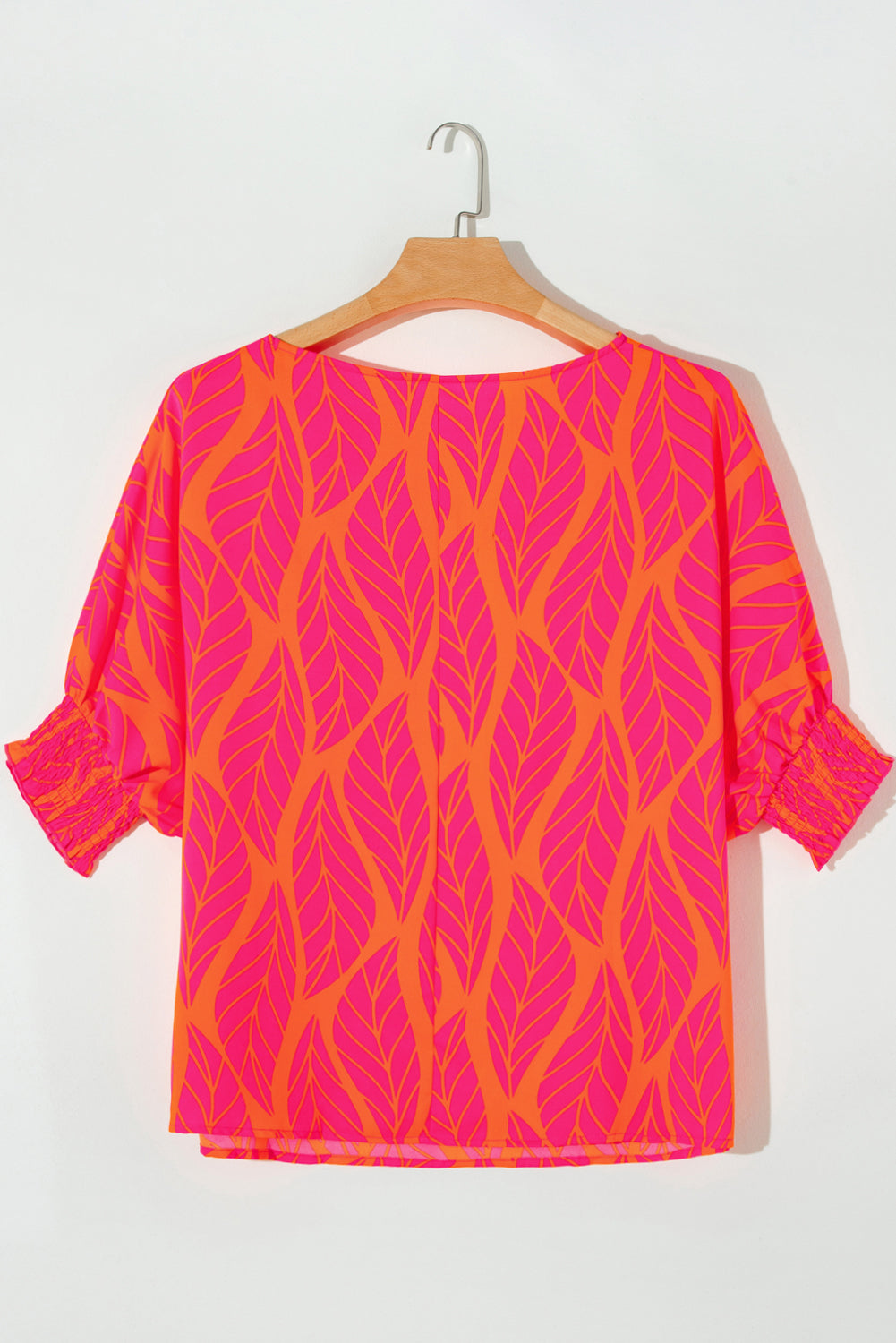 Rose Tropical Leaf Print Smocked Plus Size Dolman Top