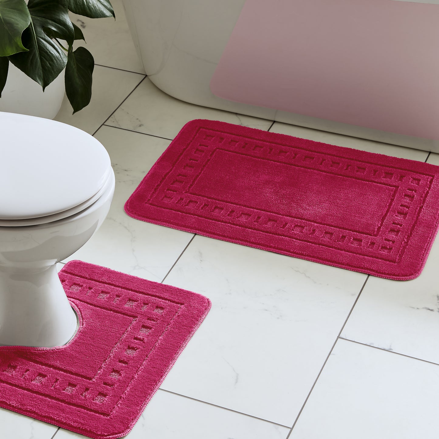 Armoni Bordered Bath & Pedestal Mat Set in Hot Pink