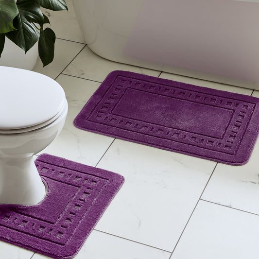 Armoni Bordered Bath & Pedestal Mat Set in Plum