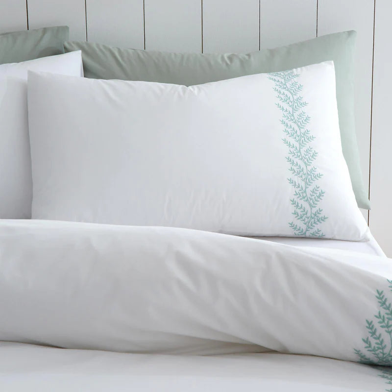 Embroidery Leaf Cotton White & Green Duvet Cover Set by Bianca