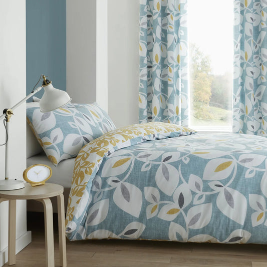 Inga Leaf Reversible Teal Duvet Cover Set - Catherine Lansfield