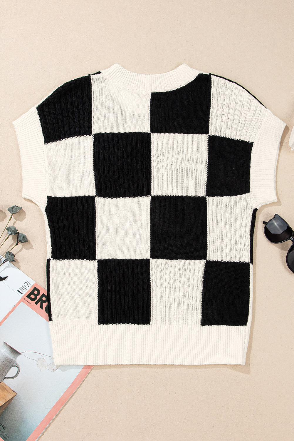 Checkered Color Block Crew Neck Short Sleeve Sweater