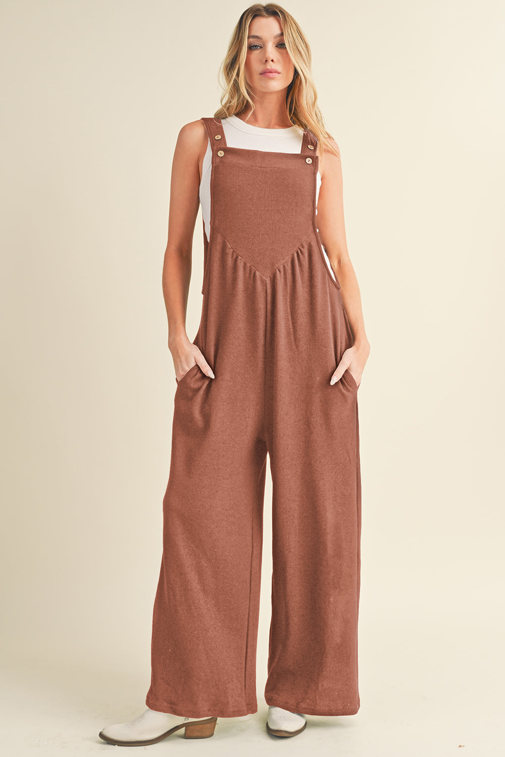 Buttoned Straps Ruched Wide Leg Jumpsuit