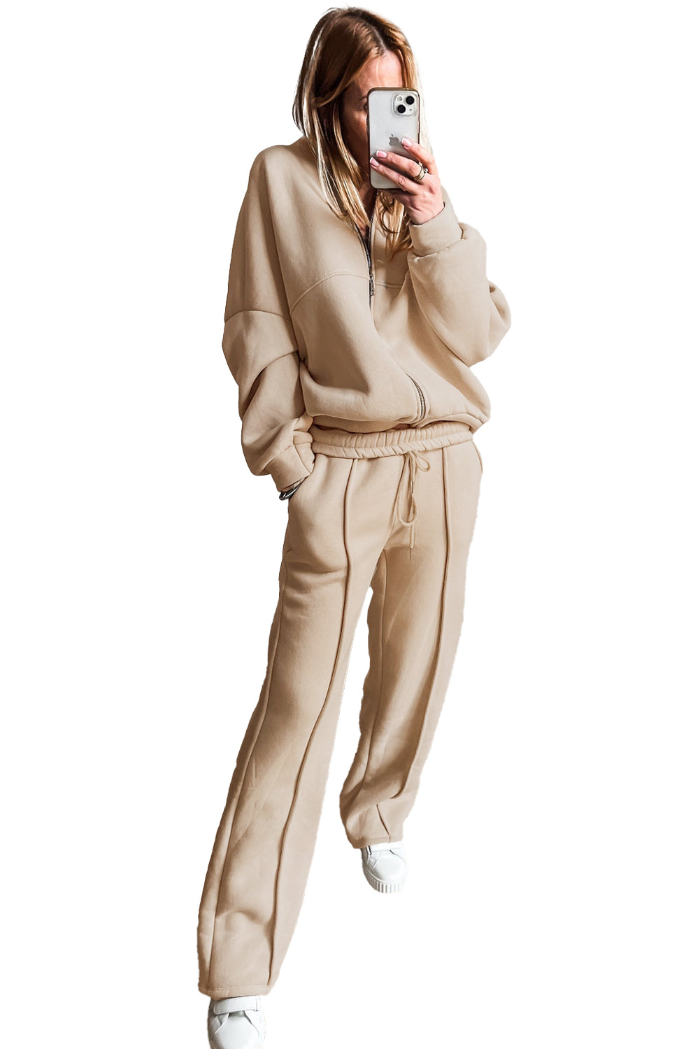 Seamed Zipper Jacket and Drawstring Waist Pants Set